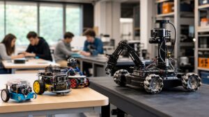 Small classroom robots beside an advanced sensor-rich research robot in a robotics lab