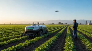 Autonomous field robot working in long crop rows while a farm worker observes from a distance