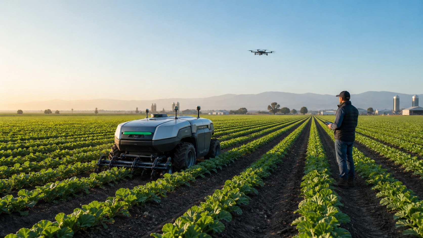Autonomous field robot working in long crop rows while a farm worker observes from a distance