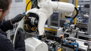 Technician inspecting an industrial robot arm joint with visible motor housing, cables, encoder ring, gripper, and sensor modules