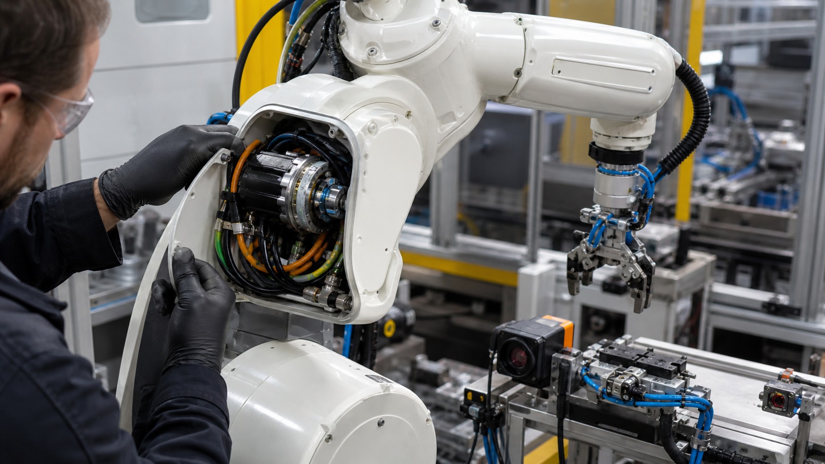Technician inspecting an industrial robot arm joint with visible motor housing, cables, encoder ring, gripper, and sensor modules