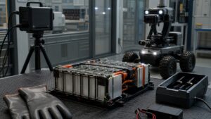 Robot battery pack being tested safely beside a small inspection robot in a controlled lab