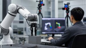Robotic arm moving a block while an engineer compares blurred virtual motion data on a workstation