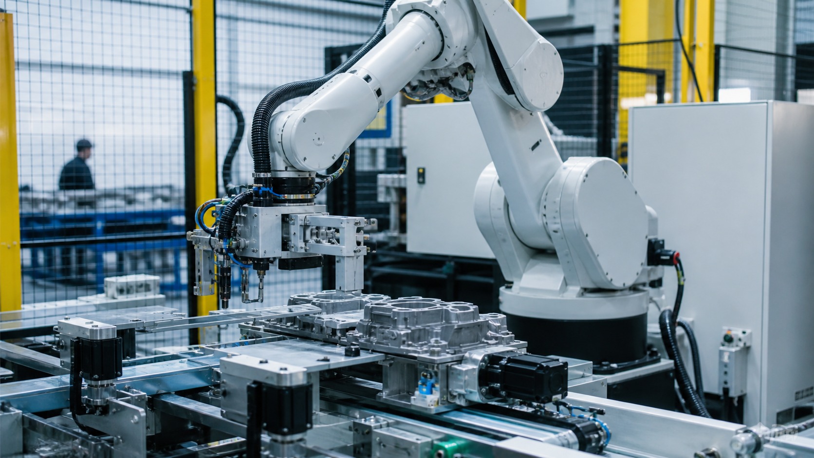 Industrial robot arm working in a guarded automation cell with fixtures, cable carriers, motorized tooling, and metal parts