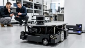 Autonomous mobile robot in a robotics lab with camera, lidar, ultrasonic housings, wheel sensors, and protected wiring