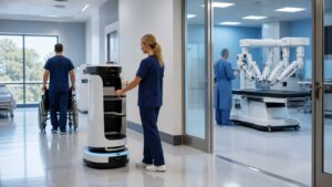Hospital delivery and rehabilitation robot near clinicians with surgical robotic system visible in a separate sterile room