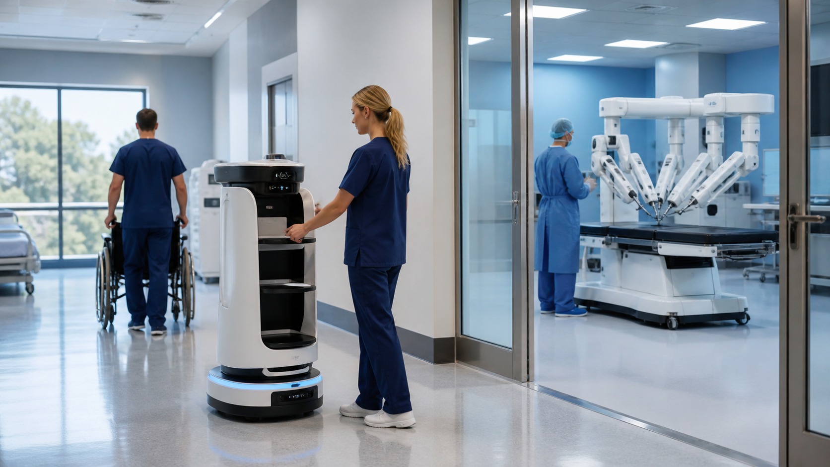 Hospital delivery and rehabilitation robot near clinicians with surgical robotic system visible in a separate sterile room