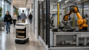 Service delivery robot in a public corridor beside a guarded industrial robot arm cell