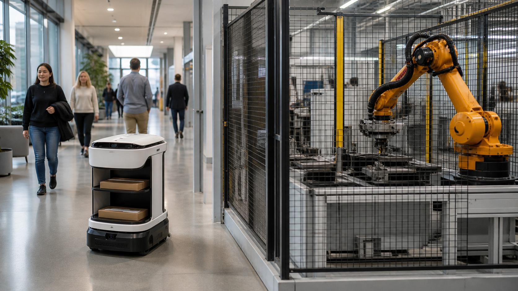Service delivery robot in a public corridor beside a guarded industrial robot arm cell