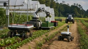 Several types of agricultural robots working near greenhouse and field rows