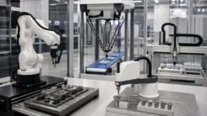 Several industrial robot types in a clean demonstration area including articulated arm, delta picker, compact arm, and gantry hardware