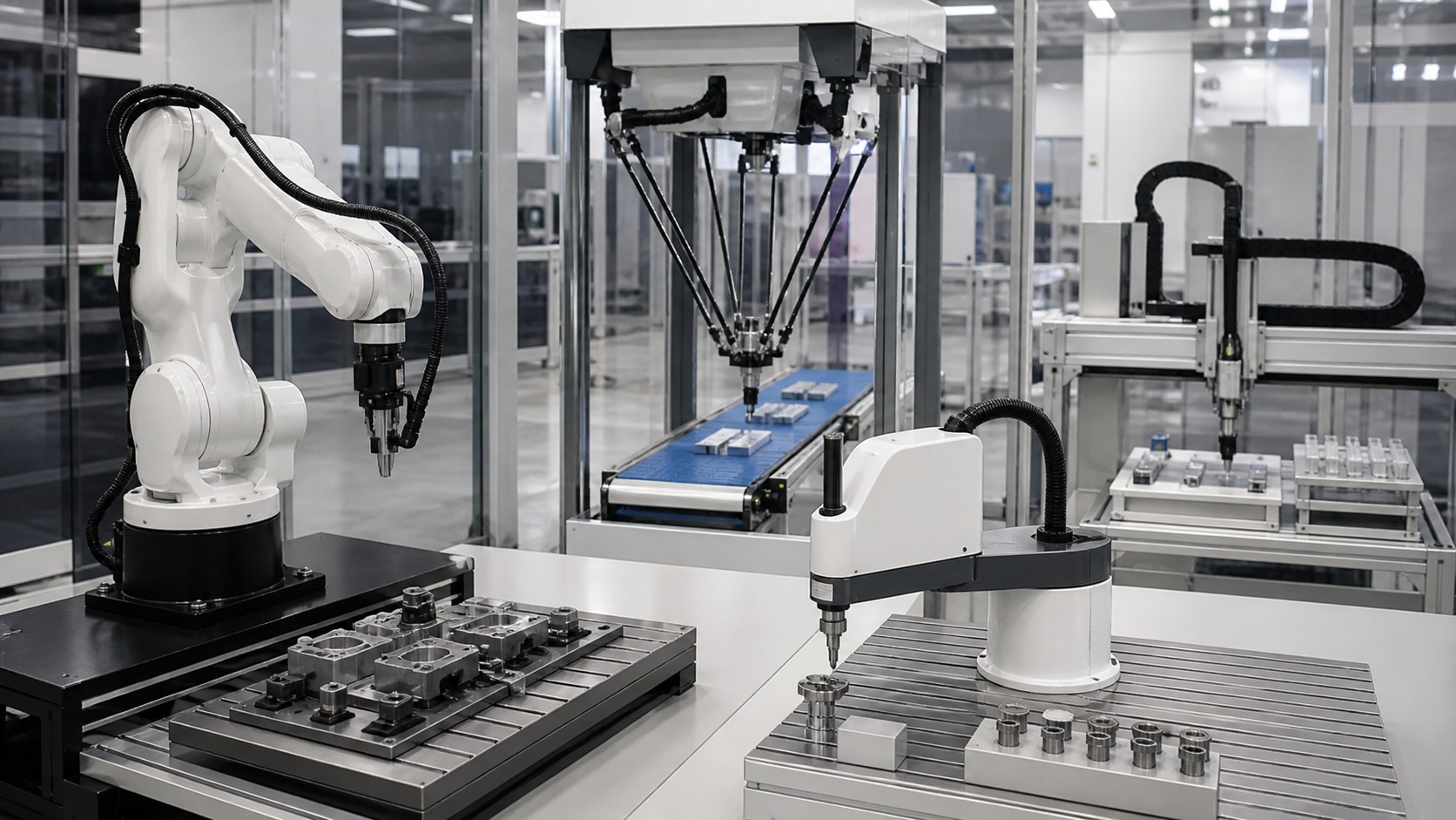 Several industrial robot types in a clean demonstration area including articulated arm, delta picker, compact arm, and gantry hardware