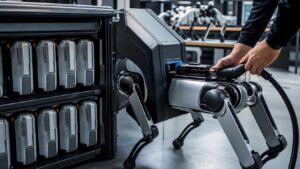 Legged robot connected to a compact charging dock beside modular battery racks in a robotics lab