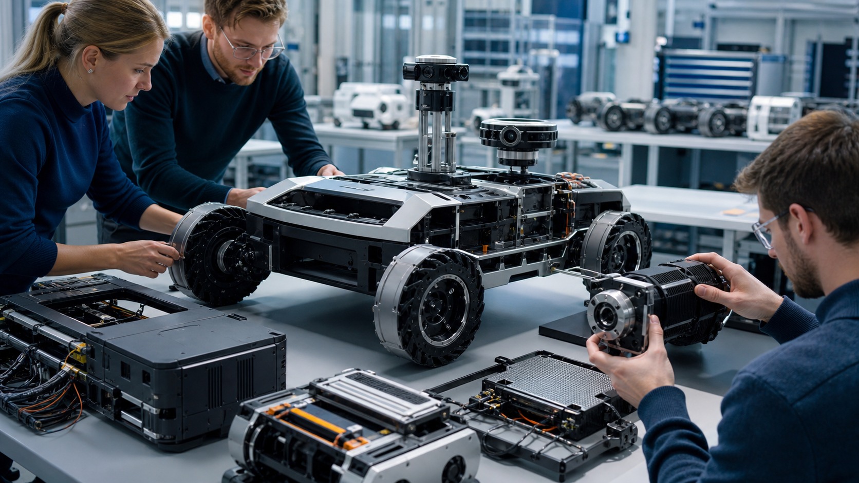 Engineers inspecting a modular next-generation robot chassis with actuator modules, battery pack, cooling hardware, and sensor mast