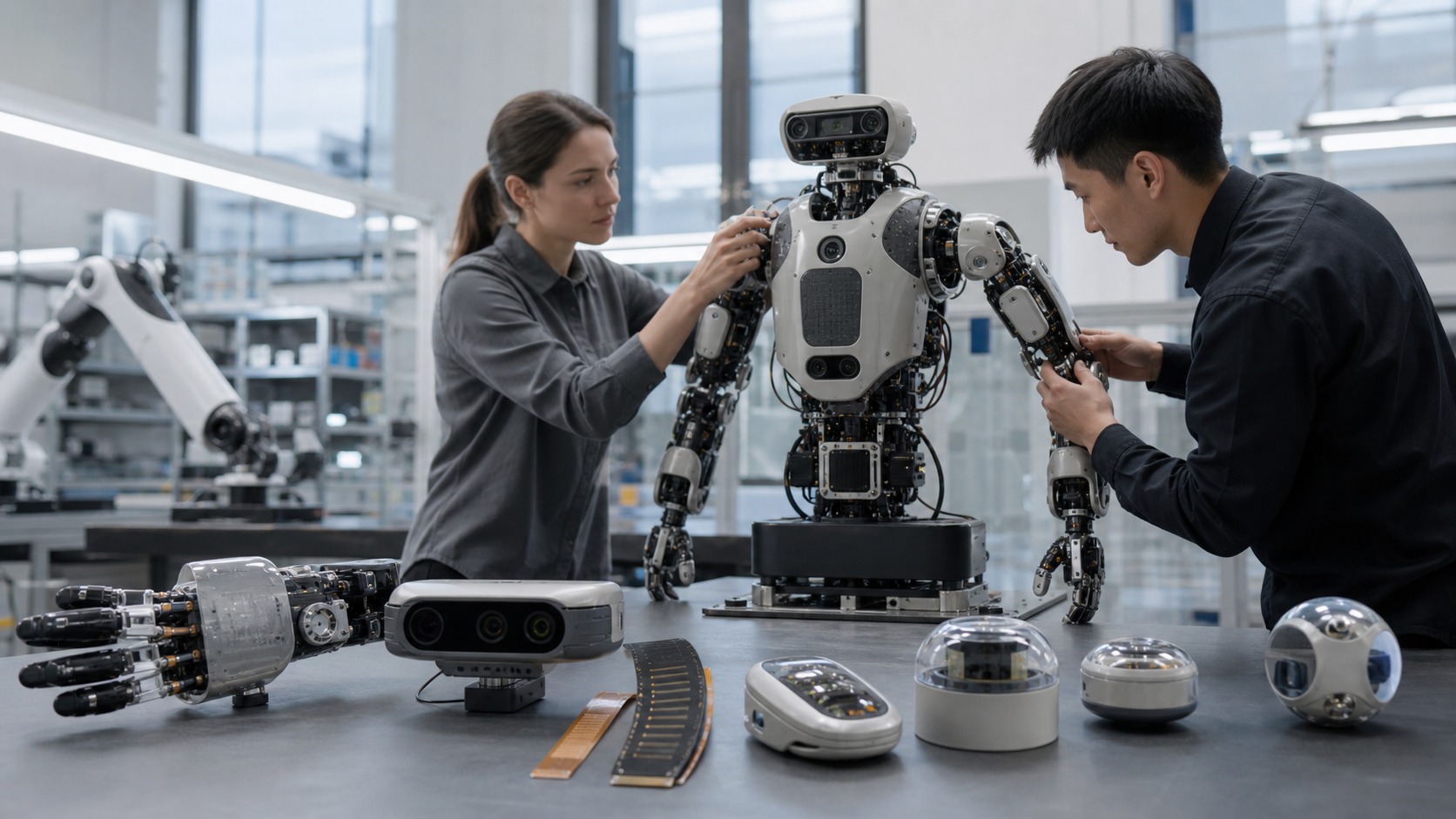 Researchers adjusting a modular robot torso surrounded by tactile, vision, force, and environmental sensor modules