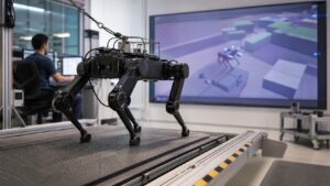 Legged robot on a validation platform with a blurred digital twin environment in a robotics lab