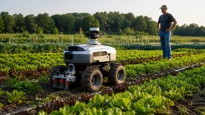 Autonomous agricultural robot inspecting vegetable crop rows while a farmer observes