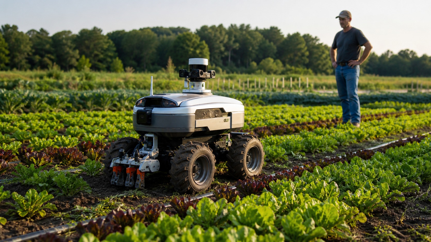 Autonomous agricultural robot inspecting vegetable crop rows while a farmer observes