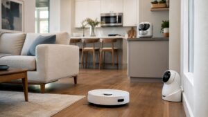 Domestic robots in a bright home including a robot vacuum, small home companion robot, and countertop kitchen-assist device