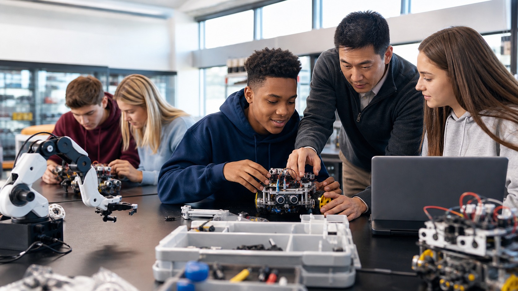 Students and instructor working with small wheeled robots, sensor modules, and robotic arm kit in a bright STEM classroom
