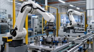 Industrial robot arms inside a guarded manufacturing cell with conveyor, fixture table, gripper, sensors, and cable routing