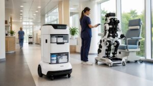 Hospital delivery robot and rehabilitation robot in a bright clinical corridor with clinicians nearby