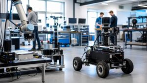 Research robots on workbenches in a bright university robotics lab