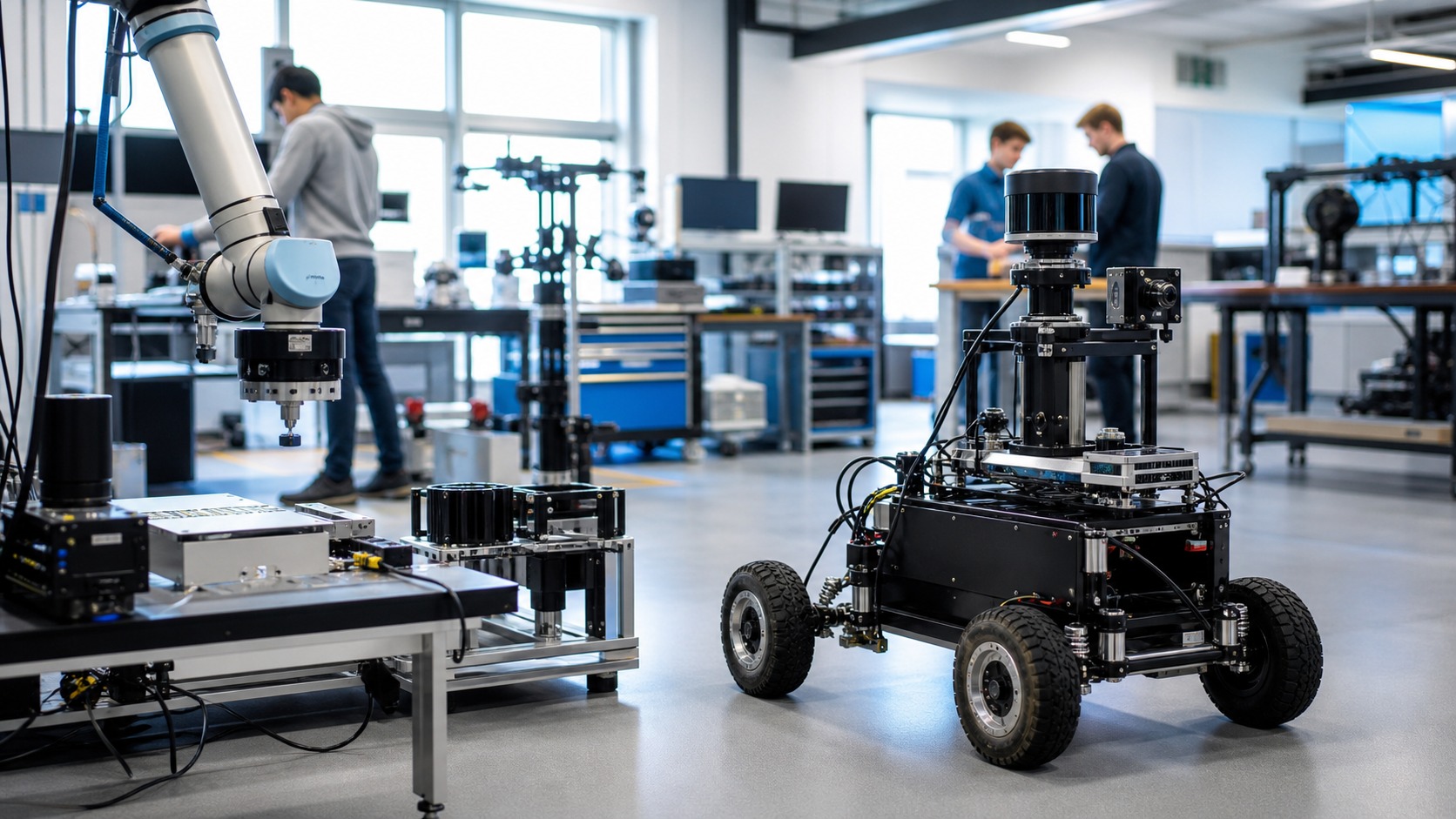Research robots on workbenches in a bright university robotics lab