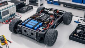 Open robot chassis showing battery module, wiring, and power distribution hardware on a lab bench