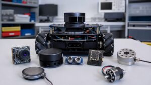 Compact mobile robot surrounded by camera, lidar, ultrasonic, IMU, tactile, encoder, and force sensor hardware