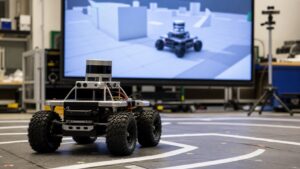Wheeled robot on a lab test floor with a blurred simulated robot environment visible on a large background monitor