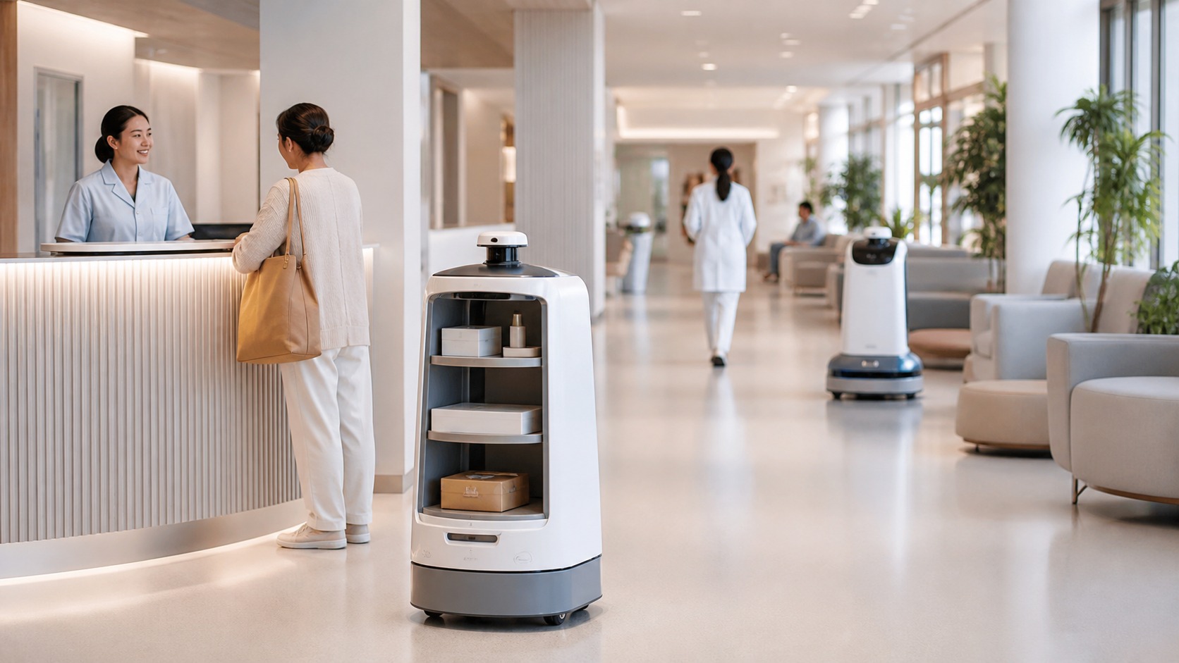 Service robot carrying items through a bright hospital or hotel lobby with another robot in the background and people nearby