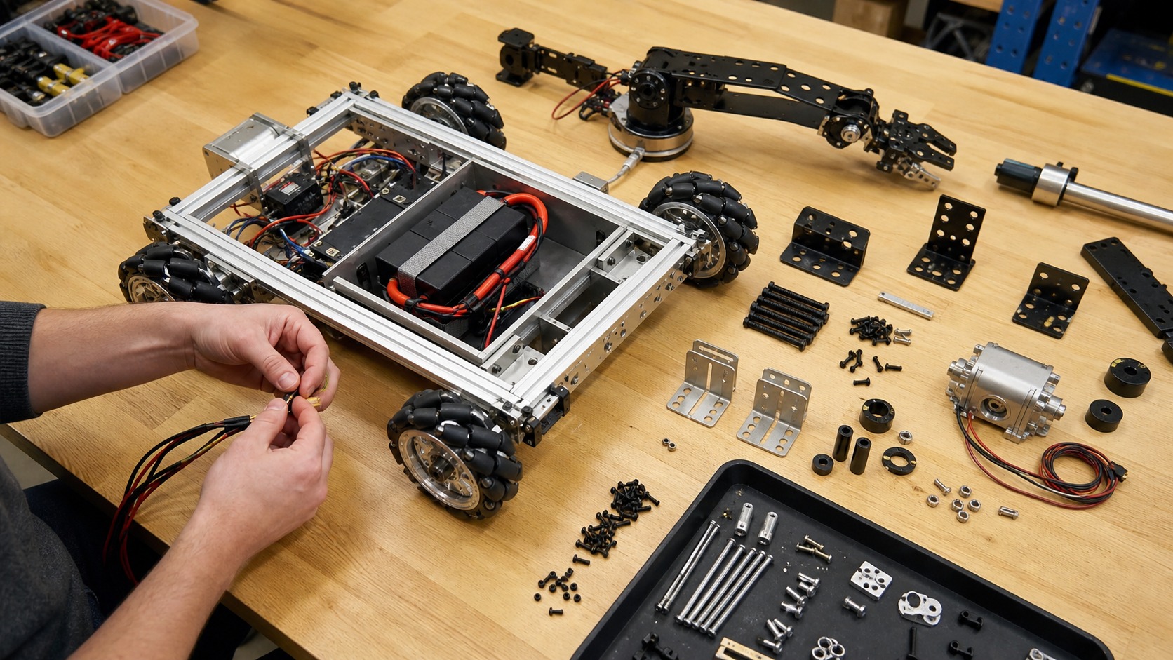 Partially assembled robot base and arm components on an engineering workbench with wheels, brackets, wiring, batteries, and fasteners